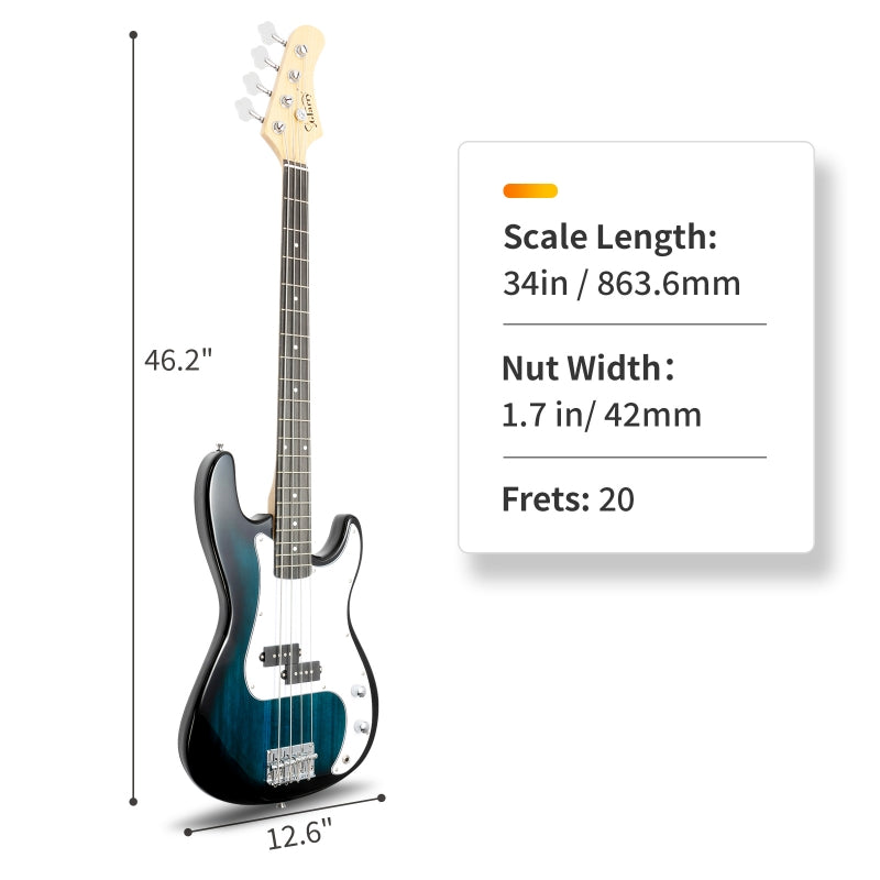 Glarry GP Electric Bass Guitar Blue w/ 20W Amplifier - Blue