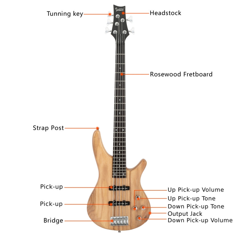 Glarry GIB 5 String Electric Bass Guitar SS Pick-up w/20W Amplifier - Burlywood
