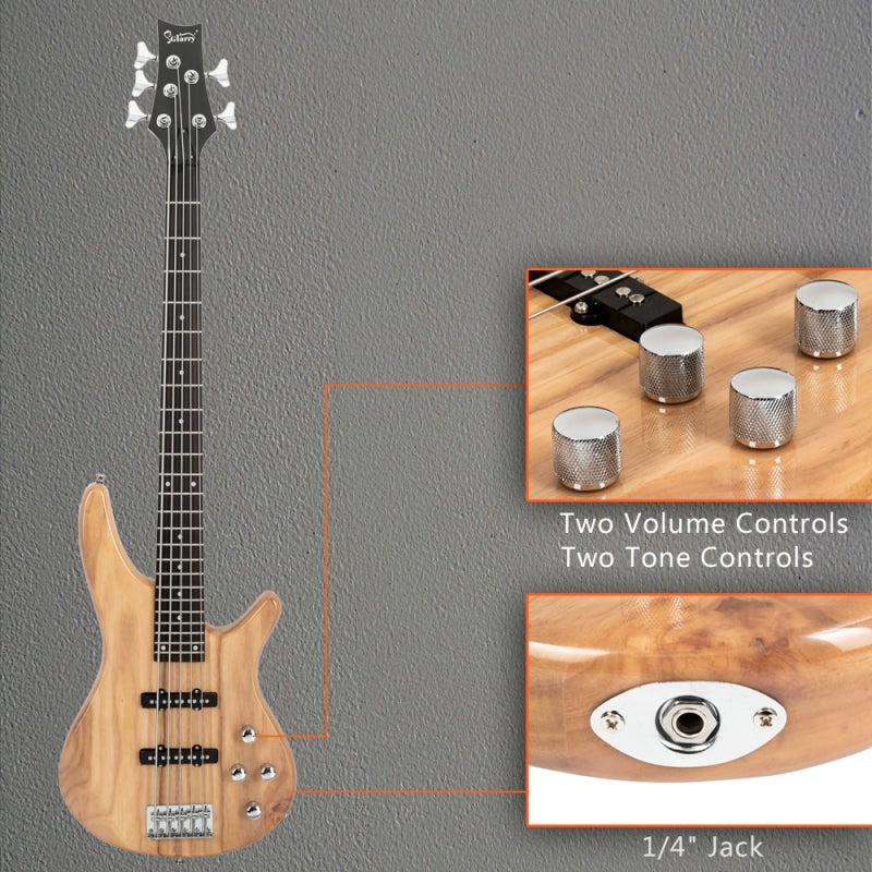 Glarry GIB 5 String Electric Bass Guitar SS Pick-up w/20W Amplifier - Burlywood