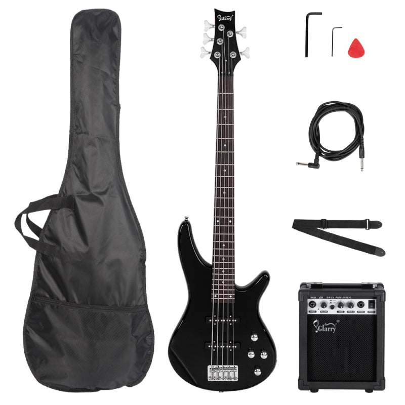 Glarry GIB 5 String Electric Bass Guitar SS Pick-up w/20W Amplifier - Black