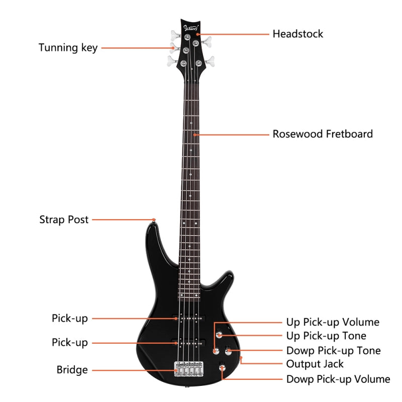 Glarry GIB 5 String Electric Bass Guitar SS Pick-up w/20W Amplifier - Black
