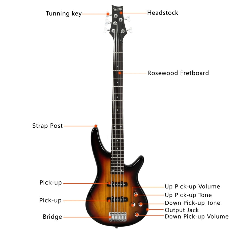 Glarry GIB 5 String Electric Bass Guitar SS Pick-up w/20W Amplifier - Sunset