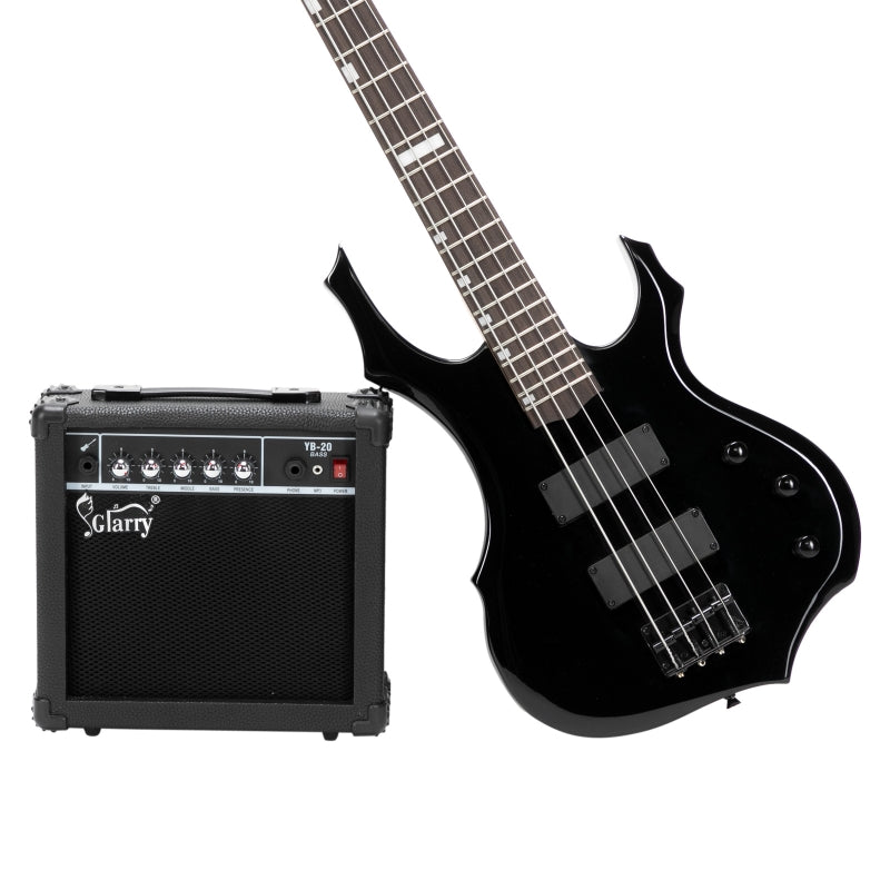 Glarry Burning Fire Electric Bass Guitar HH Pickups w/ 20W Amplifier - Black