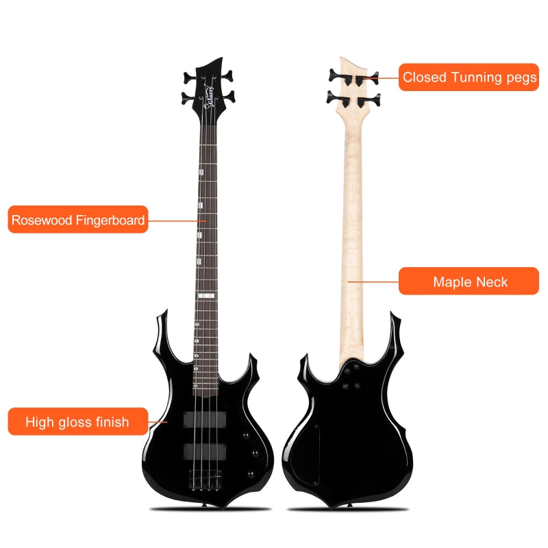 Glarry Burning Fire Electric Bass Guitar HH Pickups w/ 20W Amplifier - Black