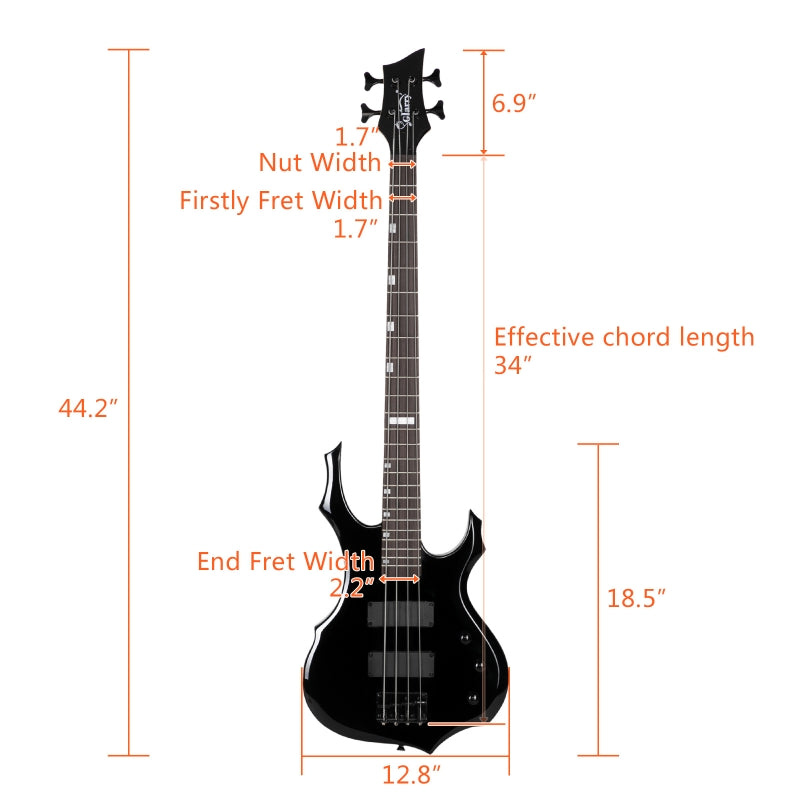 Glarry Burning Fire Electric Bass Guitar HH Pickups w/ 20W Amplifier - Black
