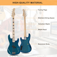 Glarry GP PRO Electric Bass Guitar NO Pickguard - Blue