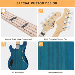 Glarry GP PRO Electric Bass Guitar NO Pickguard - Blue