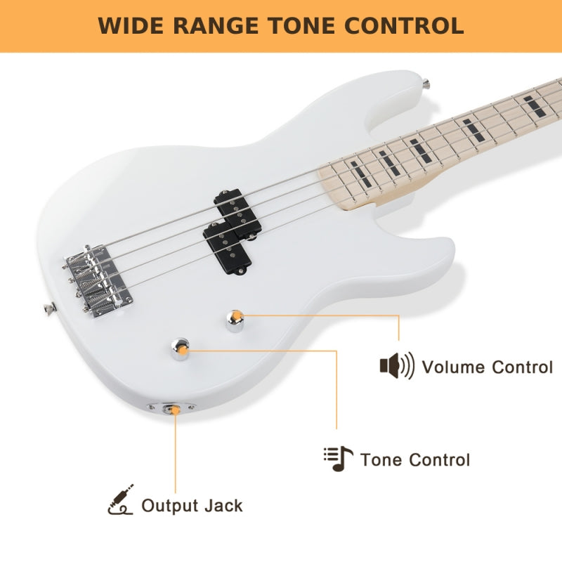 Glarry GP PRO Electric Bass Guitar NO Pickguard - White