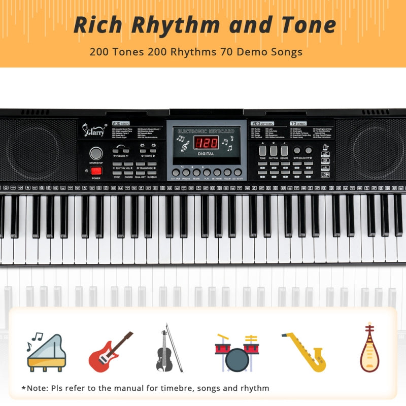 Glarry GEP-202 61-Key Keyboard with Piano Stool - Black