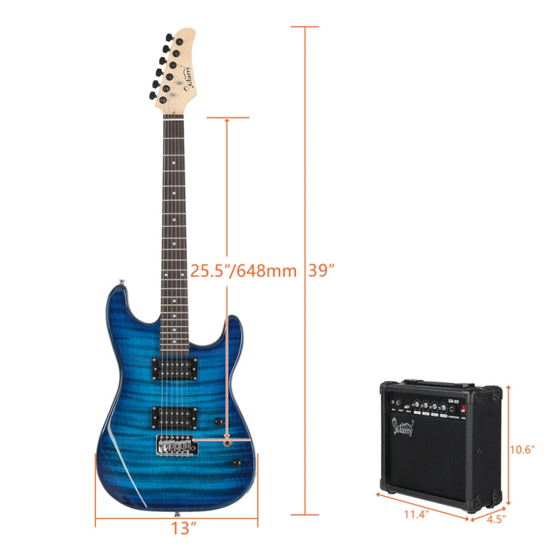 Glarry GST Electric Guitar HH Pickup Tiger Stripe w/20W Amplifier - Blue