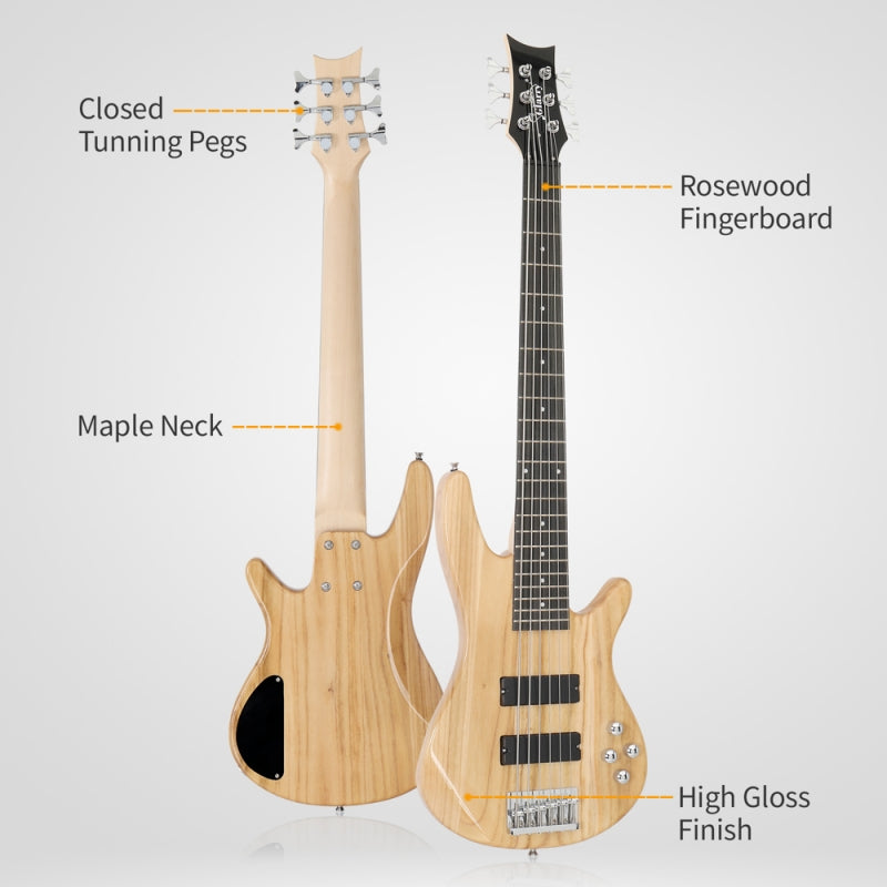 Glarry GIB 6 String Bass Guitar Full SizeHH Pickup - Burlywood