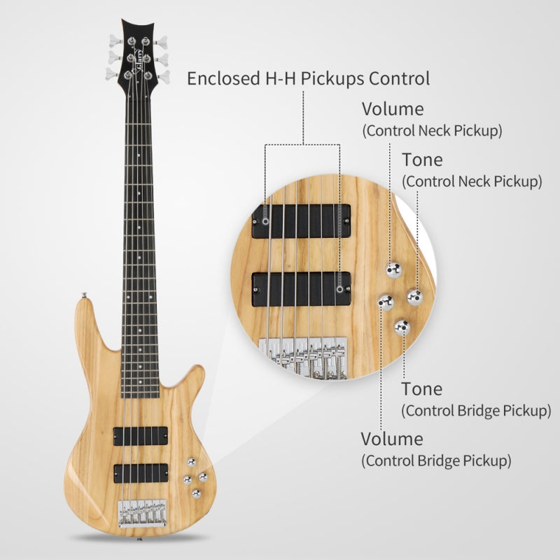 Glarry GIB 6 String Bass Guitar Full SizeHH Pickup - Burlywood