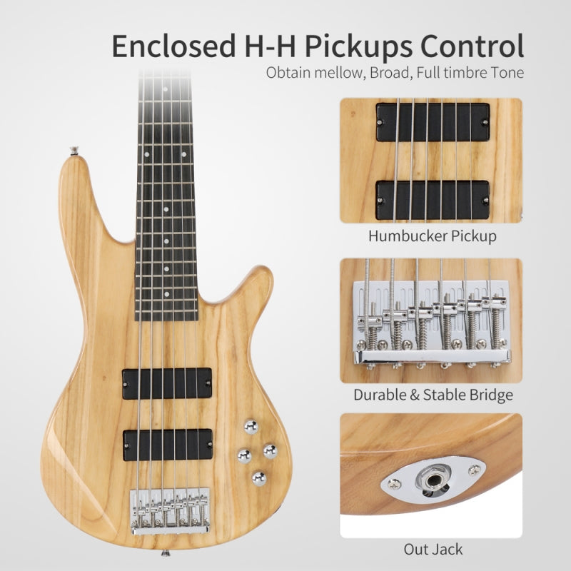 Glarry GIB 6 String Bass Guitar Full SizeHH Pickup - Burlywood