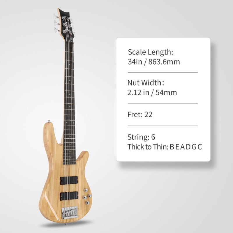 Glarry GIB 6 String Bass Guitar Full SizeHH Pickup - Burlywood