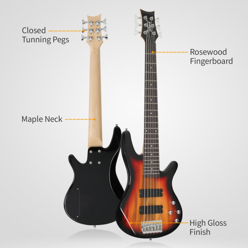Glarry GIB 6 String Bass Guitar Full SizeHH Pickup - Sunset