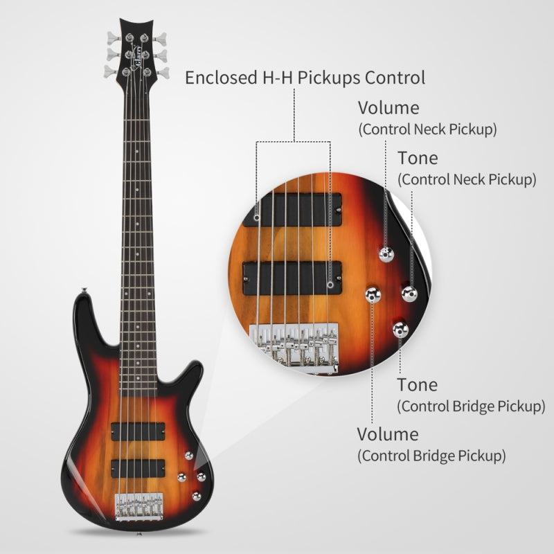 Glarry GIB 6 String Bass Guitar Full SizeHH Pickup - Sunset