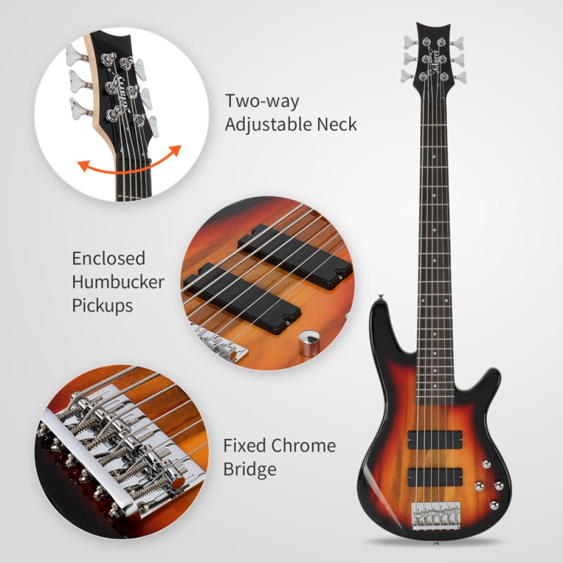 Glarry GIB 6 String Bass Guitar Full SizeHH Pickup - Sunset