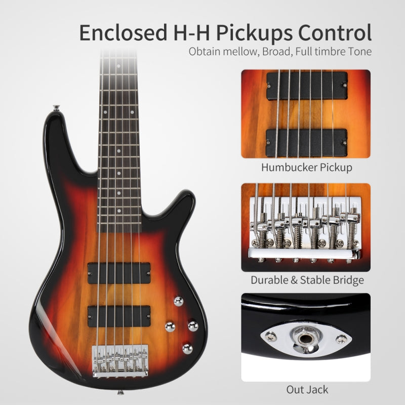 Glarry GIB 6 String Bass Guitar Full SizeHH Pickup - Sunset