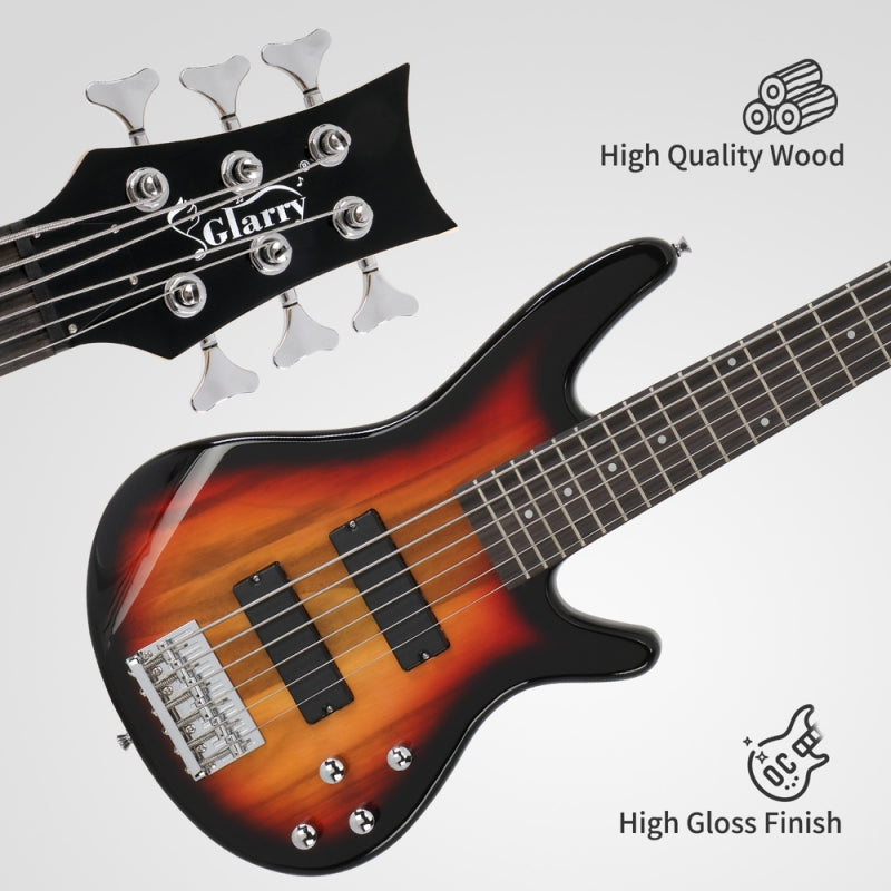 Glarry GIB 6 String Bass Guitar Full SizeHH Pickup - Sunset