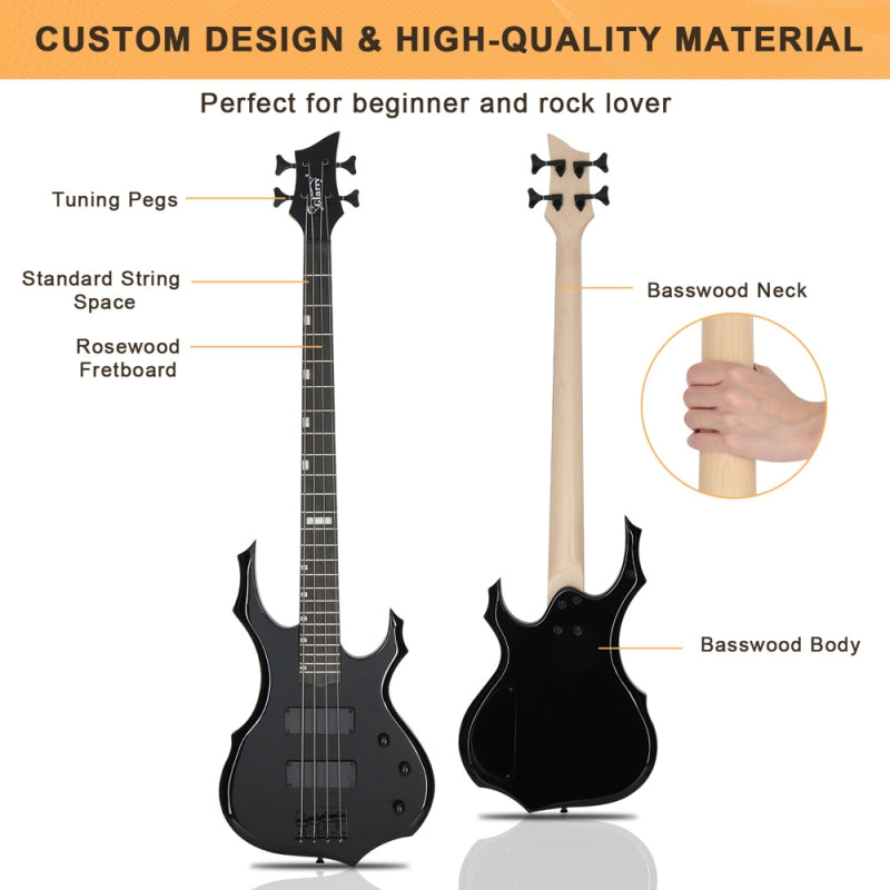 Glarry Burning Fire Electric Bass Guitar HH Pickups - Black