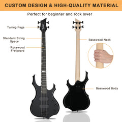 Glarry Burning Fire Electric Bass Guitar HH Pickups - Black
