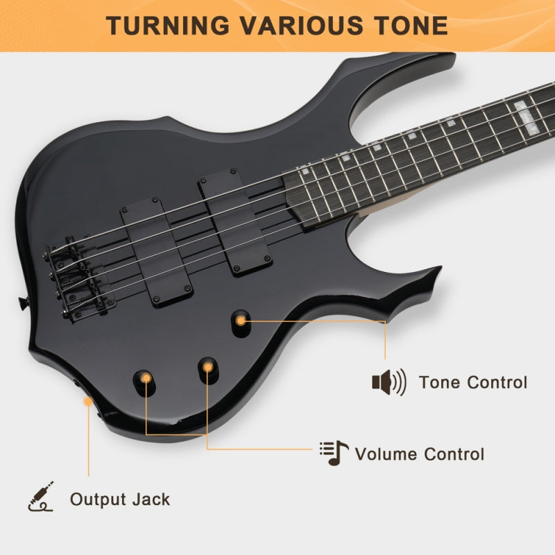 Glarry Burning Fire Electric Bass Guitar HH Pickups - Black