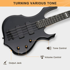 Glarry Burning Fire Electric Bass Guitar HH Pickups - Black