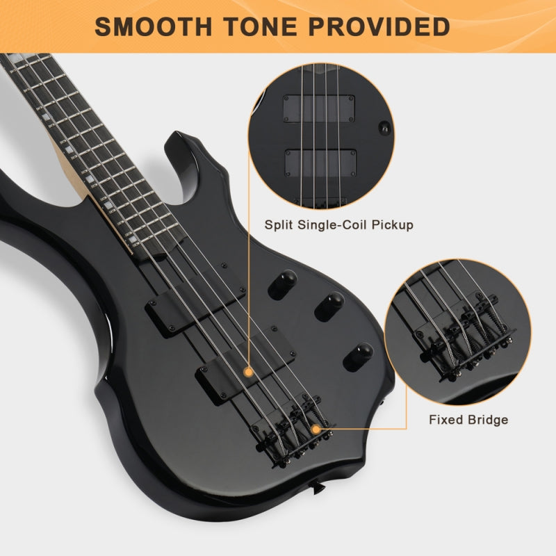 Glarry Burning Fire Electric Bass Guitar HH Pickups - Black