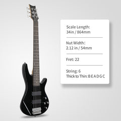 Glarry GIB 6 String Bass Guitar Full SizeHH Pickup - Black