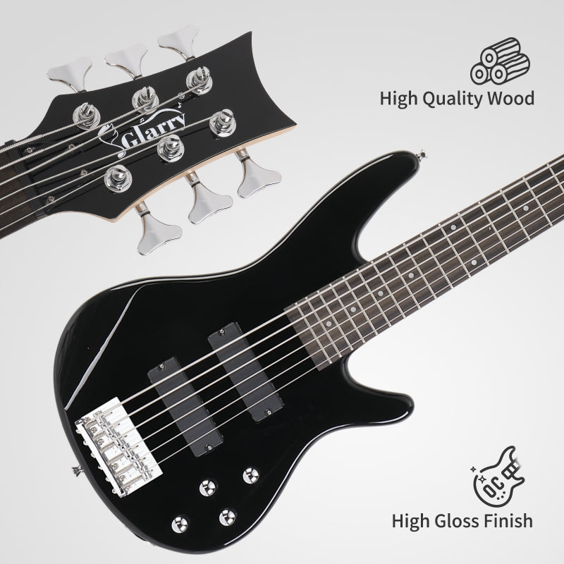 Glarry GIB 6 String Bass Guitar Full SizeHH Pickup - Black
