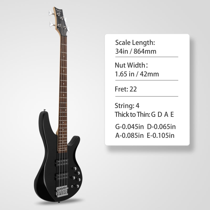 Glarry GIB 4 String Bass Guitar Full Size HH Pickup - Black