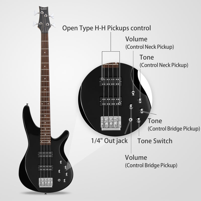Glarry GIB 4 String Bass Guitar Full Size HH Pickup - Black