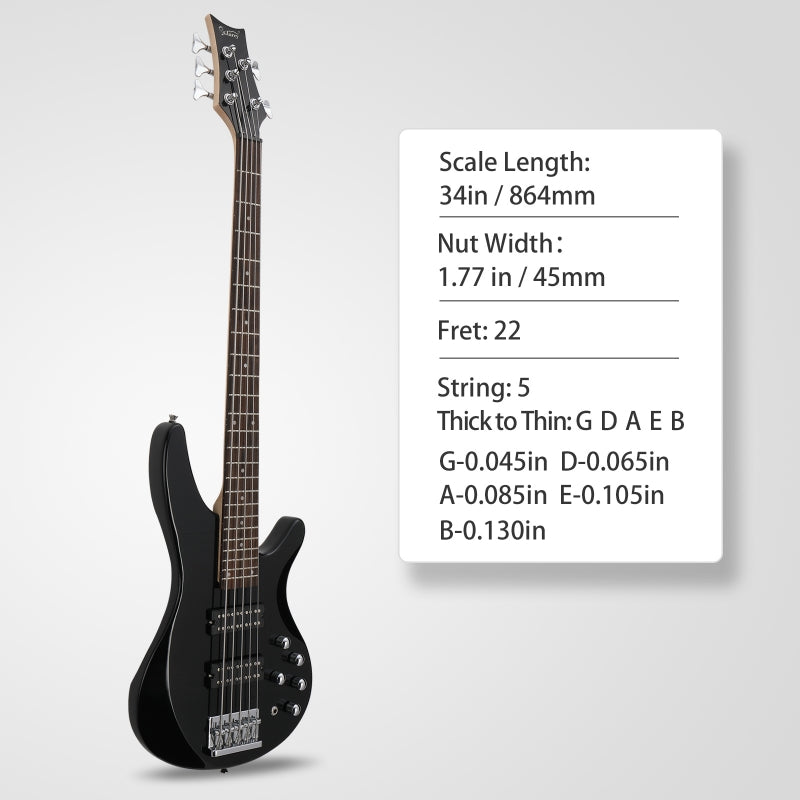 Glarry GIB 5 String Bass Guitar Full Size Open-coil HH Pickup - Black