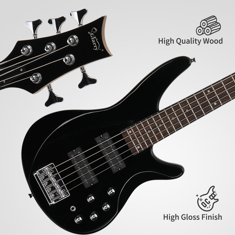 Glarry GIB 5 String Bass Guitar Full Size Open-coil HH Pickup - Black