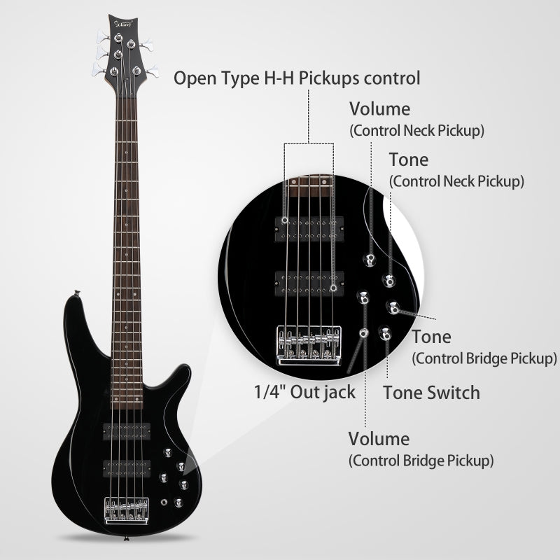 Glarry GIB 5 String Bass Guitar Full Size Open-coil HH Pickup - Black
