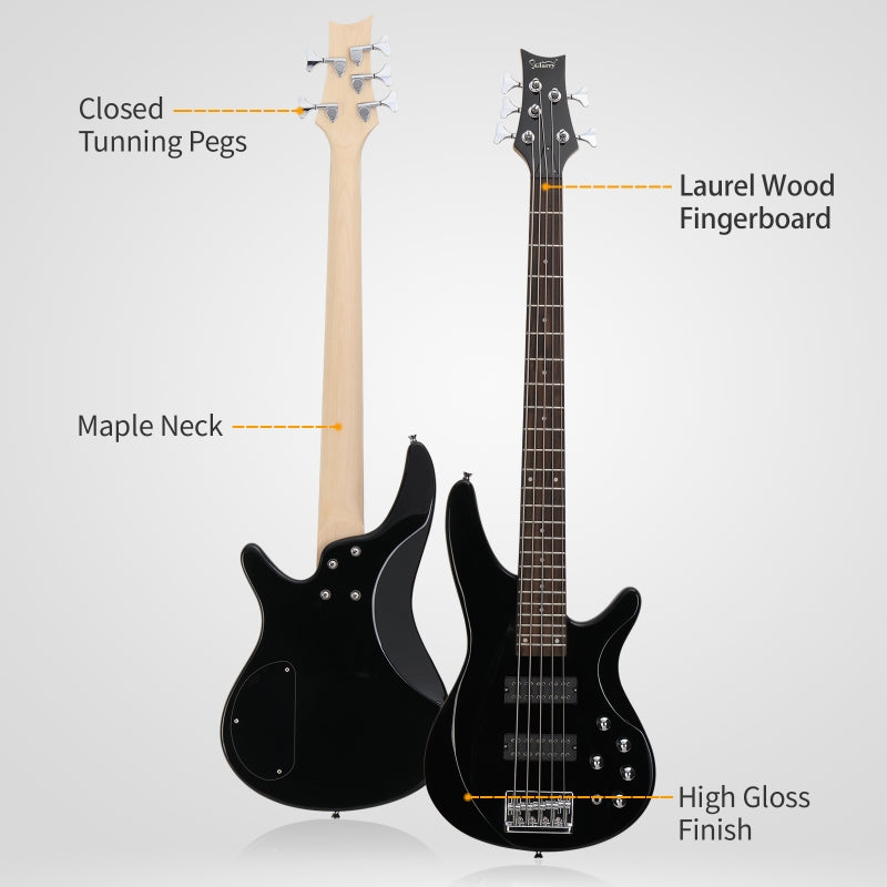 Glarry GIB 5 String Bass Guitar Full Size Open-coil HH Pickup - Black