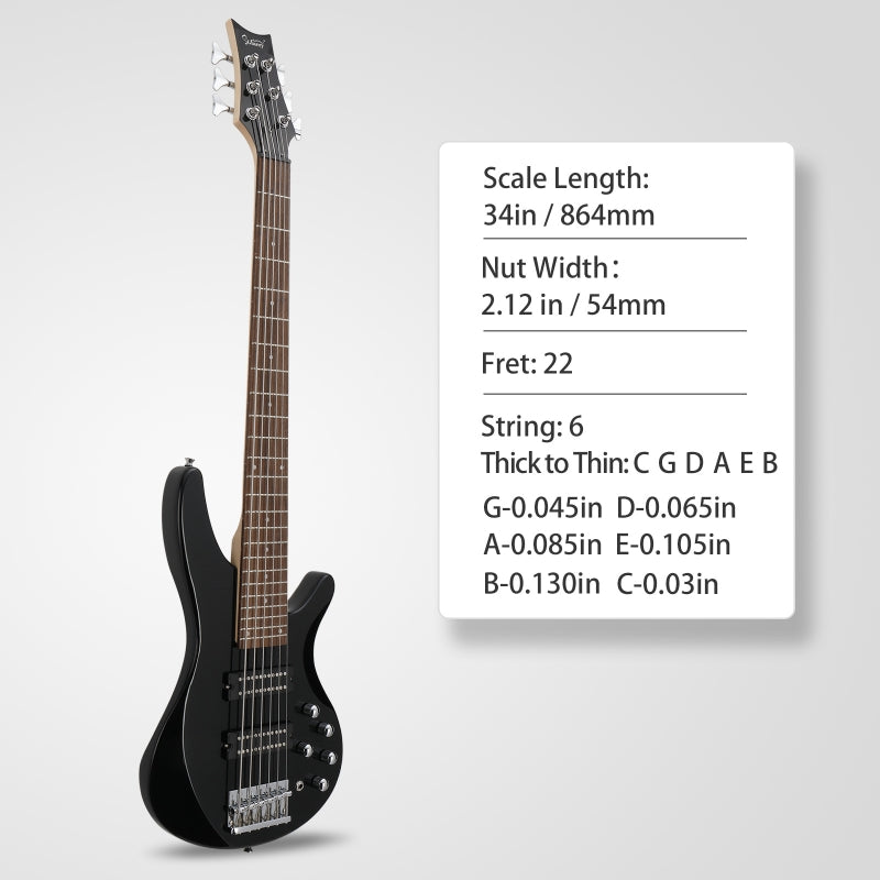 Glarry GIB Active 6-String Bass Guitar with Upgraded Electronics - Black
