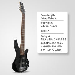 Glarry GIB Active 6-String Bass Guitar with Upgraded Electronics - Black
