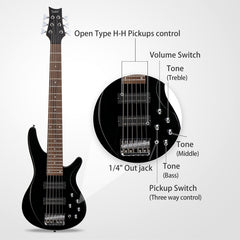 Glarry GIB Active 6-String Bass Guitar with Upgraded Electronics - Black