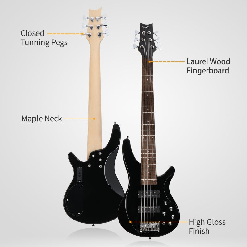 Glarry GIB Active 6-String Bass Guitar with Upgraded Electronics - Black