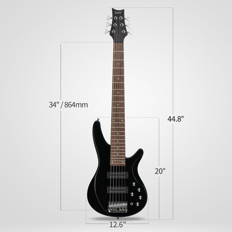 Glarry GIB Active 6-String Bass Guitar with Upgraded Electronics - Black