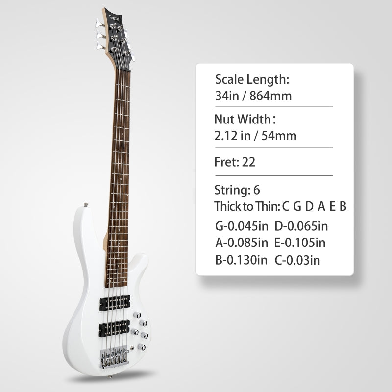 Glarry GIB Active 6-String Bass Guitar with Upgraded Electronics - White