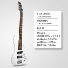Glarry GIB Active 6-String Bass Guitar with Upgraded Electronics - White