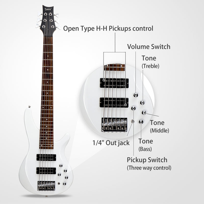 Glarry GIB Active 6-String Bass Guitar with Upgraded Electronics - White