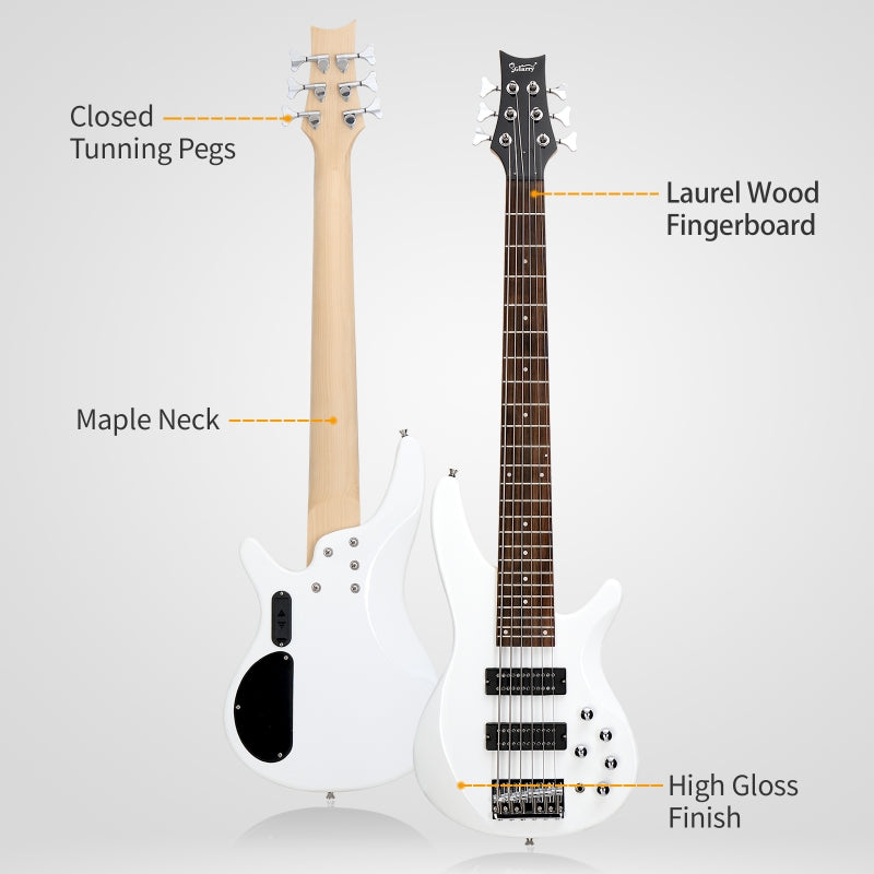 Glarry GIB Active 6-String Bass Guitar with Upgraded Electronics - White