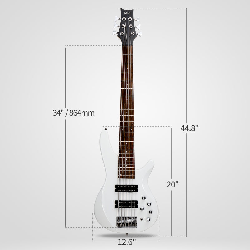 Glarry GIB Active 6-String Bass Guitar with Upgraded Electronics - White