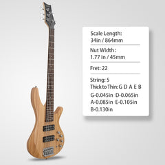 Glarry GIB 5 String Bass Guitar Full Size Open-coil HH Pickup - Burlywood