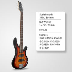 Glarry GIB 5 String Bass Guitar Full Size Open-coil HH Pickup - Sunset