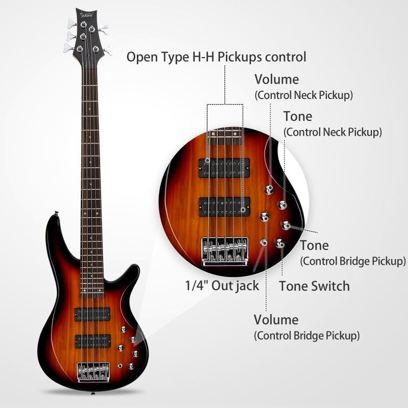 Glarry GIB 5 String Bass Guitar Full Size Open-coil HH Pickup - Sunset