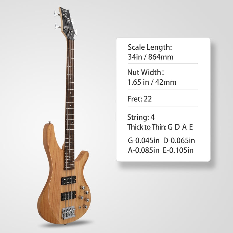 Glarry GIB 4 String Bass Guitar Full Size HH Pickup - Burlywood